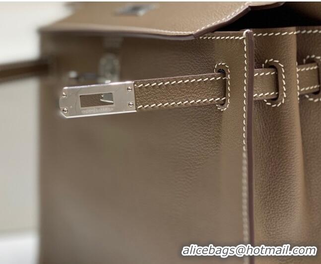 Top Quality Hermes Kelly Danse Bag 22cm in Evercolor Leather H1508 Dark Grey/Silver (Half Handmade)