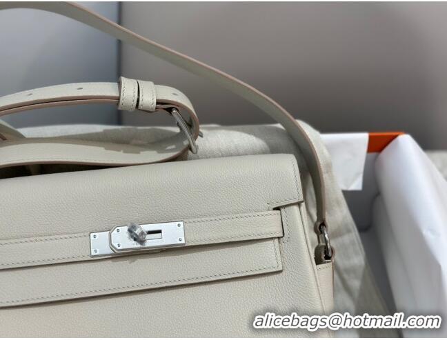 Top Grade Hermes Kelly Messenger Bag in Original Evercolor Leather H1534 Glacier White/Silver 2024 (Full Handmade)