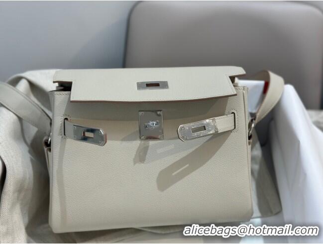 Top Grade Hermes Kelly Messenger Bag in Original Evercolor Leather H1534 Glacier White/Silver 2024 (Full Handmade)