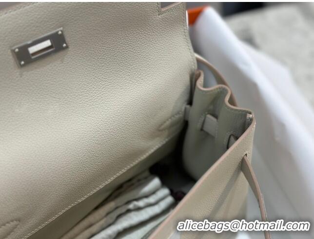 Top Grade Hermes Kelly Messenger Bag in Original Evercolor Leather H1534 Glacier White/Silver 2024 (Full Handmade)