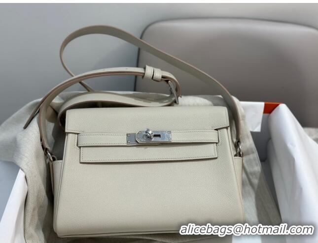 Top Grade Hermes Kelly Messenger Bag in Original Evercolor Leather H1534 Glacier White/Silver 2024 (Full Handmade)