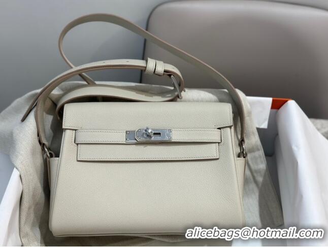 Top Grade Hermes Kelly Messenger Bag in Original Evercolor Leather H1534 Glacier White/Silver 2024 (Full Handmade)