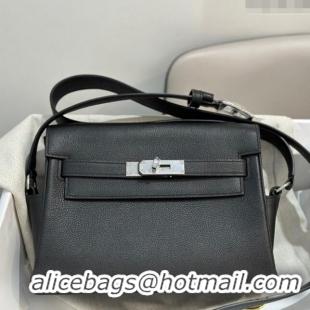 Famous Brand Hermes Kelly Messenger Bag in Original Evercolor Leather H1534 Black/Silver (Full Handmade)