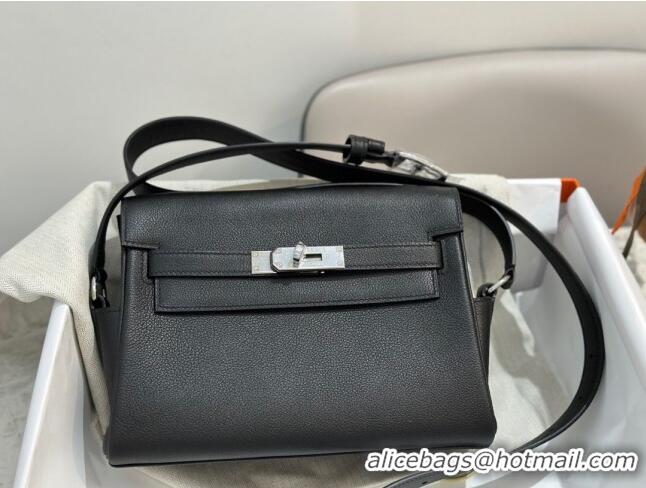 Famous Brand Hermes Kelly Messenger Bag in Original Evercolor Leather H1534 Black/Silver (Full Handmade)