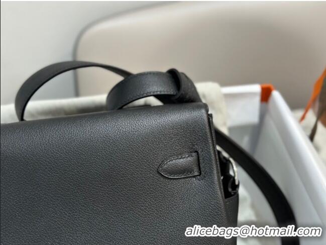 Famous Brand Hermes Kelly Messenger Bag in Original Evercolor Leather H1534 Black/Silver (Full Handmade)