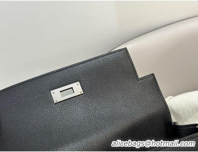 Famous Brand Hermes Kelly Messenger Bag in Original Evercolor Leather H1534 Black/Silver (Full Handmade)