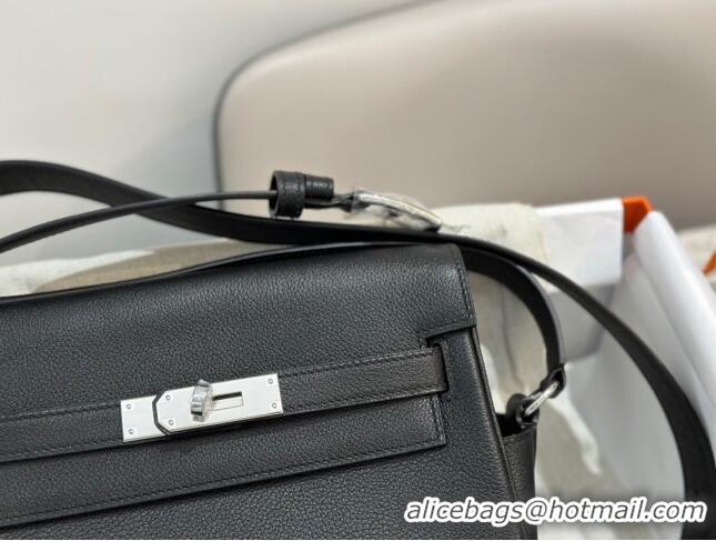 Famous Brand Hermes Kelly Messenger Bag in Original Evercolor Leather H1534 Black/Silver (Full Handmade)