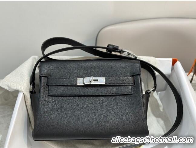 Famous Brand Hermes Kelly Messenger Bag in Original Evercolor Leather H1534 Black/Silver (Full Handmade)