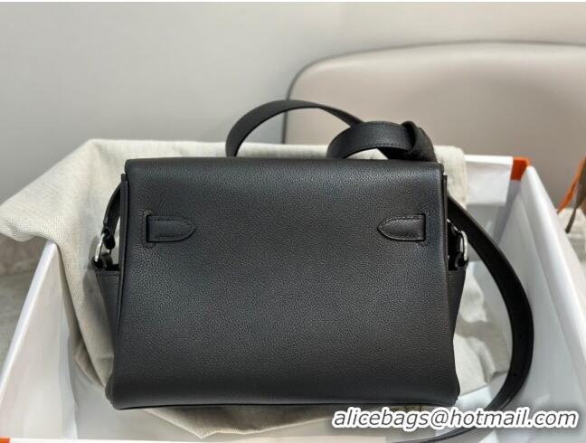 Famous Brand Hermes Kelly Messenger Bag in Original Evercolor Leather H1534 Black/Silver (Full Handmade)