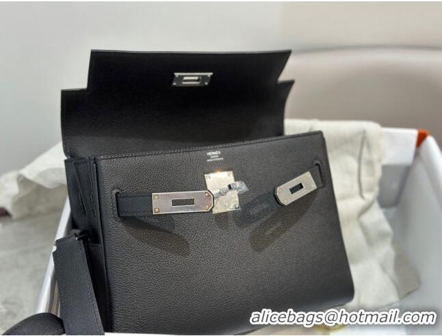 Famous Brand Hermes Kelly Messenger Bag in Original Evercolor Leather H1534 Black/Silver (Full Handmade)