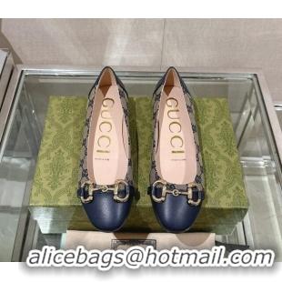 Grade Quality Gucci Horsebit Flat Ballet in GG Canvas and Leather Dark Blue 427074