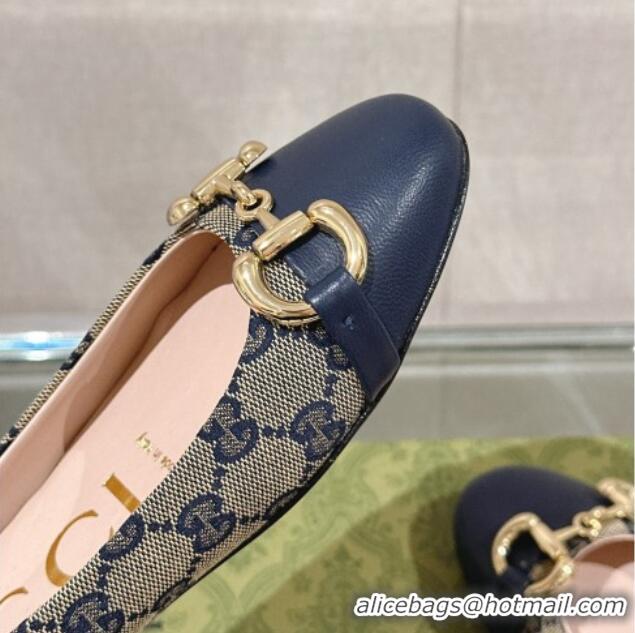 Grade Quality Gucci Horsebit Flat Ballet in GG Canvas and Leather Dark Blue 427074