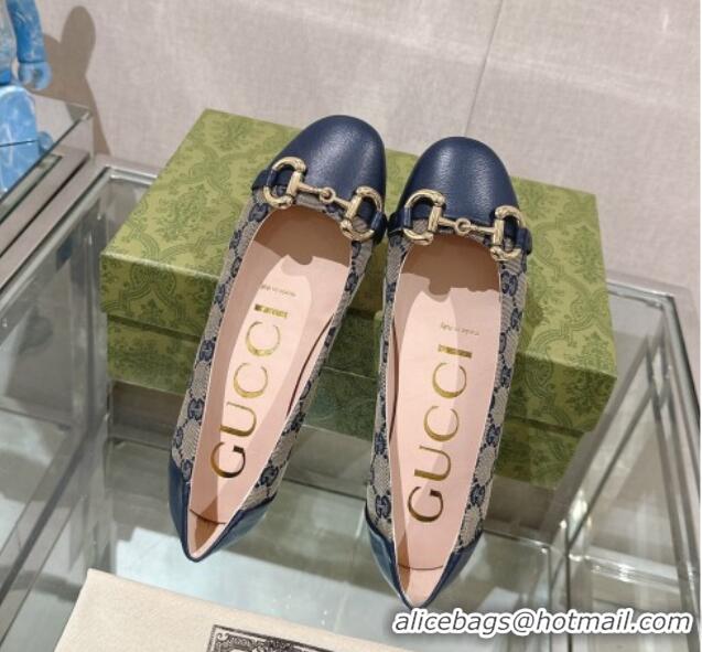 Grade Quality Gucci Horsebit Flat Ballet in GG Canvas and Leather Dark Blue 427074