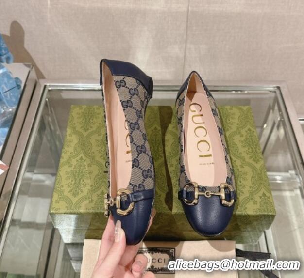 Grade Quality Gucci Horsebit Flat Ballet in GG Canvas and Leather Dark Blue 427074