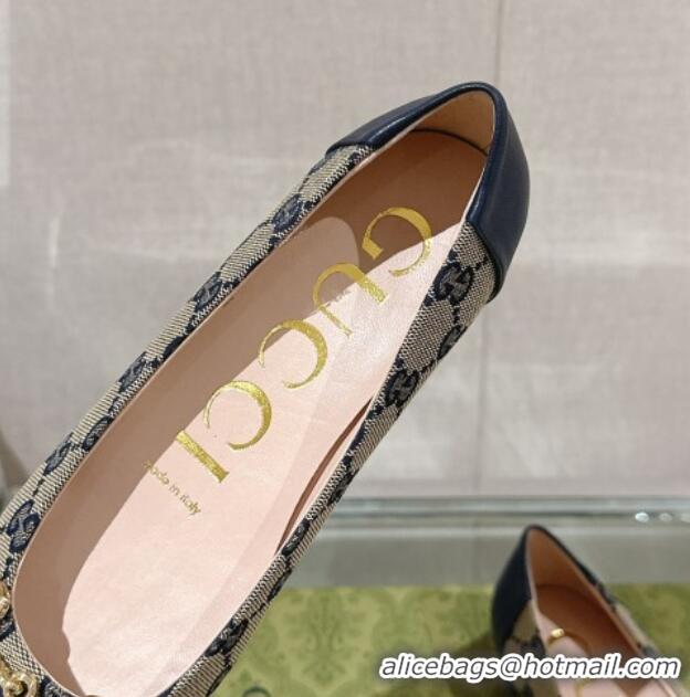 Grade Quality Gucci Horsebit Flat Ballet in GG Canvas and Leather Dark Blue 427074