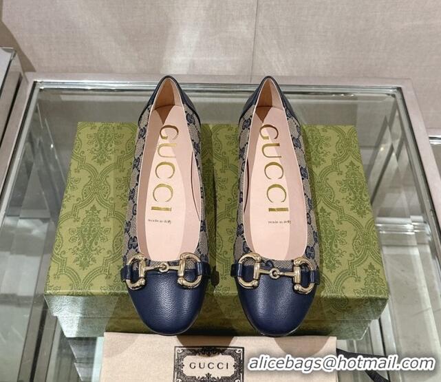 Grade Quality Gucci Horsebit Flat Ballet in GG Canvas and Leather Dark Blue 427074