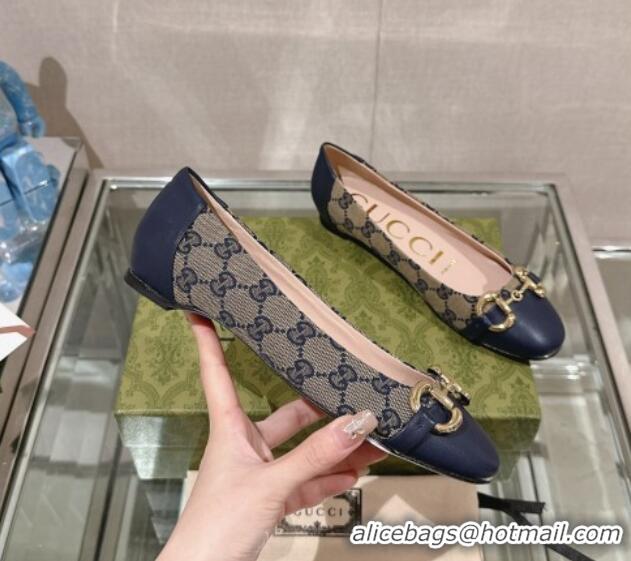 Grade Quality Gucci Horsebit Flat Ballet in GG Canvas and Leather Dark Blue 427074