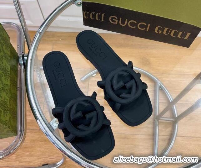 Stylish Gucci Rubber Interlocking G Flat Slide Sandals Black 427076