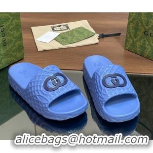 Unique Style Gucci Textured Rubber Interlocking G Flat Slide Sandals Blue 427082