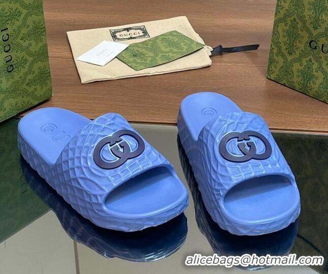 Unique Style Gucci Textured Rubber Interlocking G Flat Slide Sandals Blue 427082