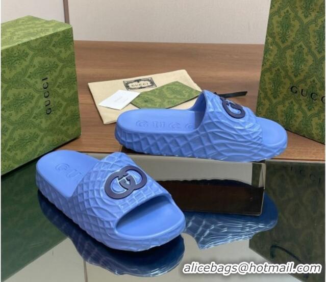 Unique Style Gucci Textured Rubber Interlocking G Flat Slide Sandals Blue 427082