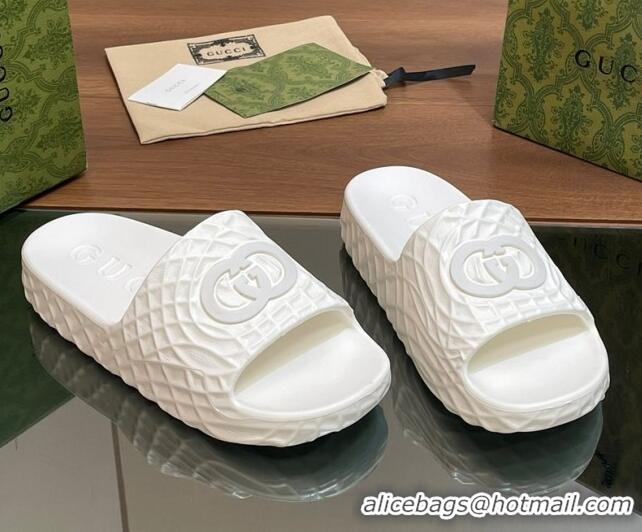 Unique Style Gucci Textured Rubber Interlocking G Flat Slide Sandals White 427081