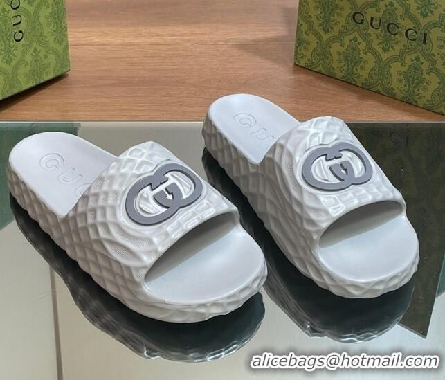 Purchase Gucci Textured Rubber Interlocking G Flat Slide Sandals Grey 427083