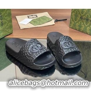 Good Looking Gucci Textured Rubber Interlocking G Flat Slide Sandals Black 427084