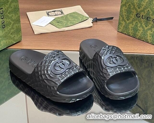 Good Looking Gucci Textured Rubber Interlocking G Flat Slide Sandals Black 427084