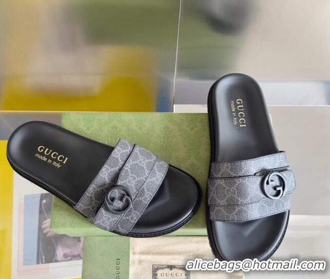 Most Popular Gucci Men's GG Canvas Flat Slide Sandals with Buckle Black 427085