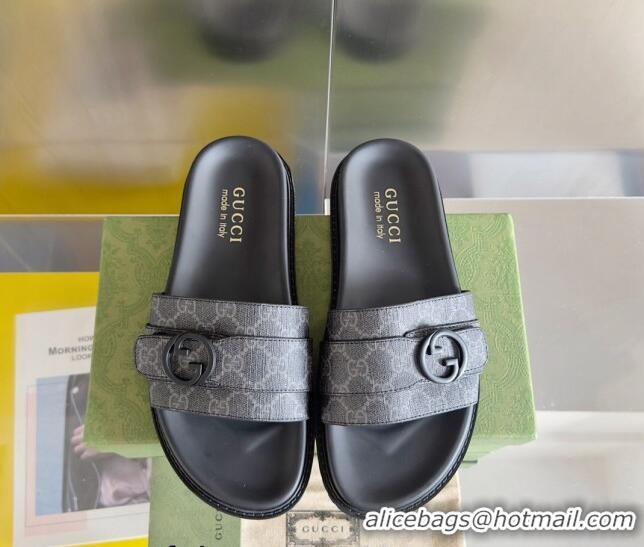 Most Popular Gucci Men's GG Canvas Flat Slide Sandals with Buckle Black 427085