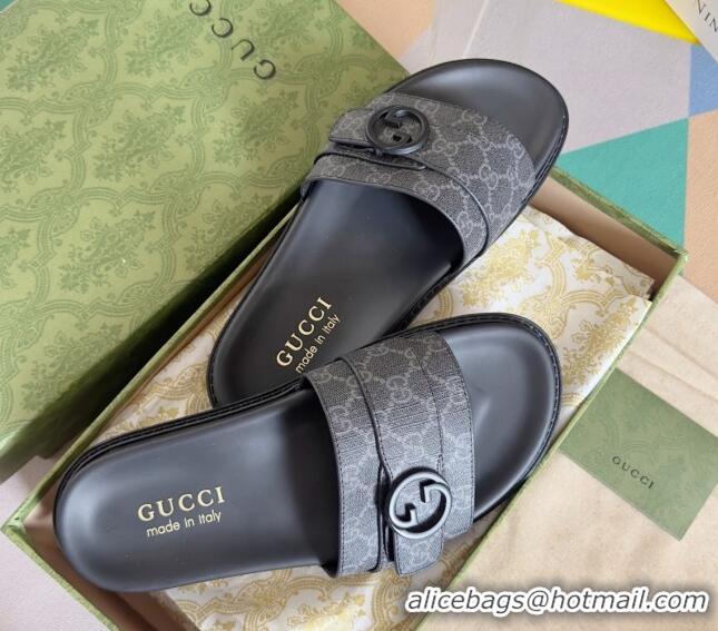 Most Popular Gucci Men's GG Canvas Flat Slide Sandals with Buckle Black 427085