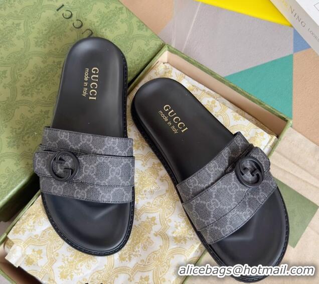 Most Popular Gucci Men's GG Canvas Flat Slide Sandals with Buckle Black 427085