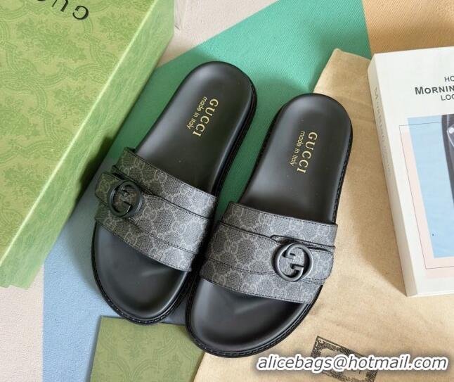 Most Popular Gucci Men's GG Canvas Flat Slide Sandals with Buckle Black 427085