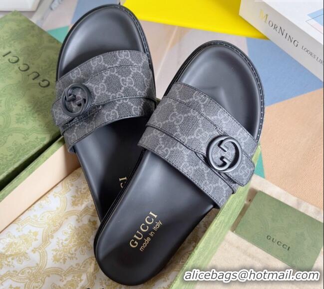 Most Popular Gucci Men's GG Canvas Flat Slide Sandals with Buckle Black 427085