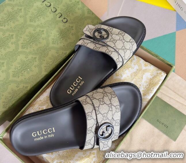 Good Quality Gucci Men's GG Canvas Flat Slide Sandals with Buckle Beige 427086