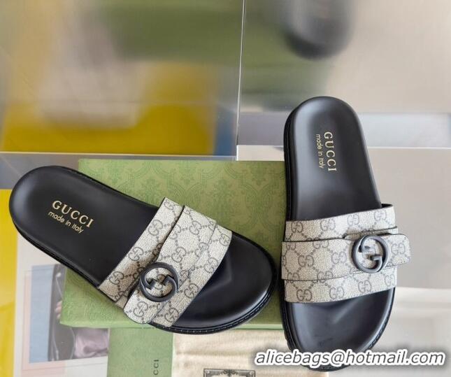 Good Quality Gucci Men's GG Canvas Flat Slide Sandals with Buckle Beige 427086