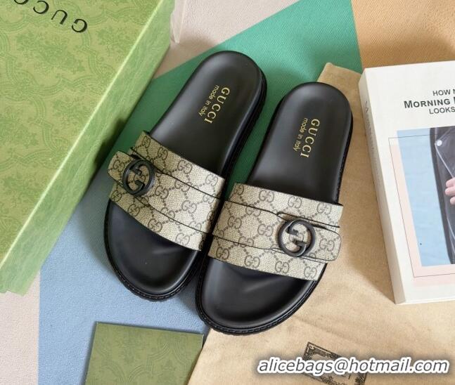 Good Quality Gucci Men's GG Canvas Flat Slide Sandals with Buckle Beige 427086