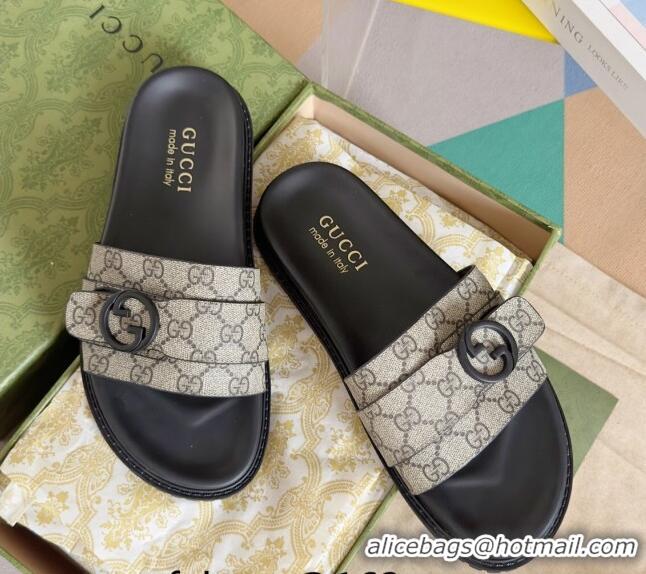 Good Quality Gucci Men's GG Canvas Flat Slide Sandals with Buckle Beige 427086