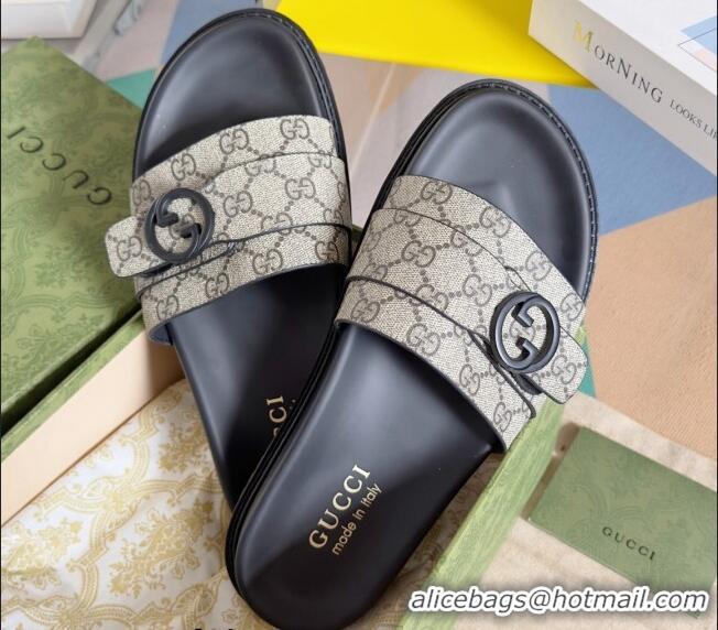 Good Quality Gucci Men's GG Canvas Flat Slide Sandals with Buckle Beige 427086