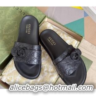 Luxurious Gucci Men's GG Leather Flat Slide Sandals with Buckle Black 427087