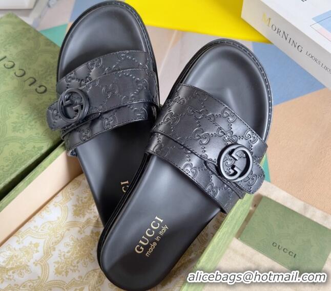 Luxurious Gucci Men's GG Leather Flat Slide Sandals with Buckle Black 427087