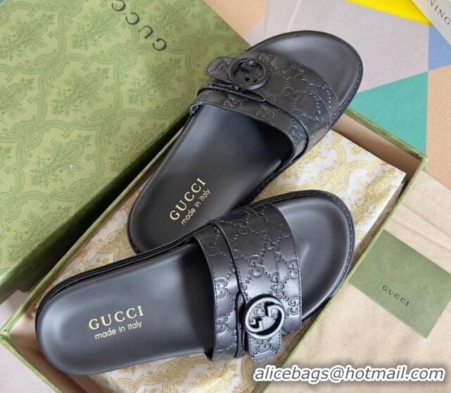 Luxurious Gucci Men's GG Leather Flat Slide Sandals with Buckle Black 427087