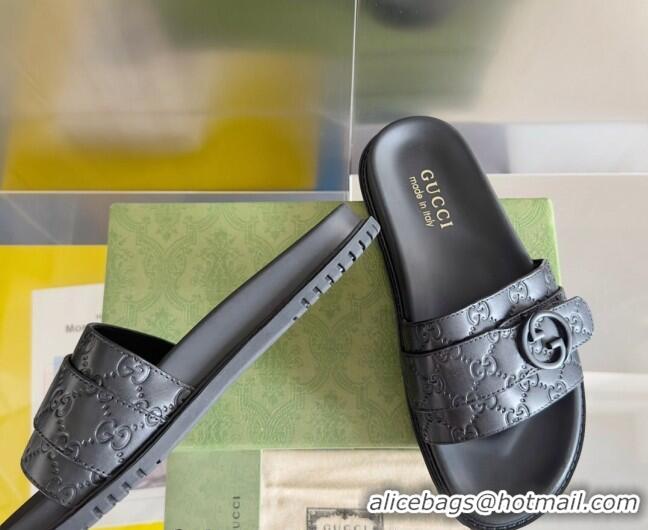 Luxurious Gucci Men's GG Leather Flat Slide Sandals with Buckle Black 427087