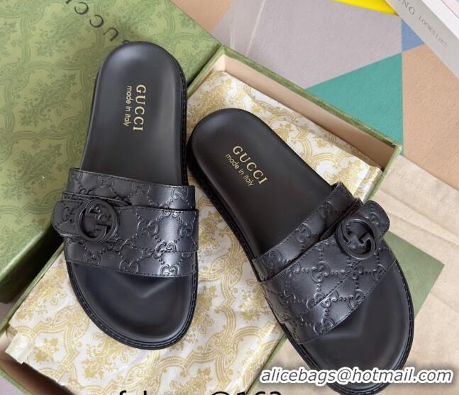 Luxurious Gucci Men's GG Leather Flat Slide Sandals with Buckle Black 427087