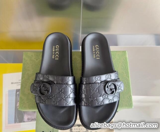 Luxurious Gucci Men's GG Leather Flat Slide Sandals with Buckle Black 427087