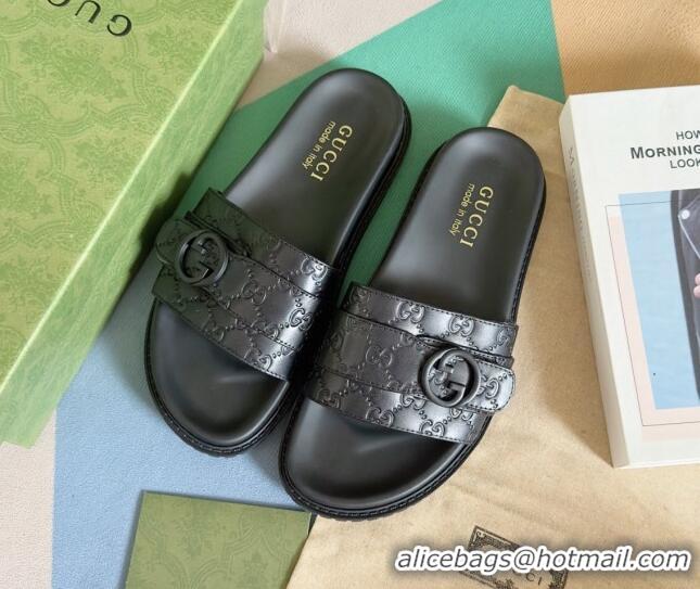 Luxurious Gucci Men's GG Leather Flat Slide Sandals with Buckle Black 427087