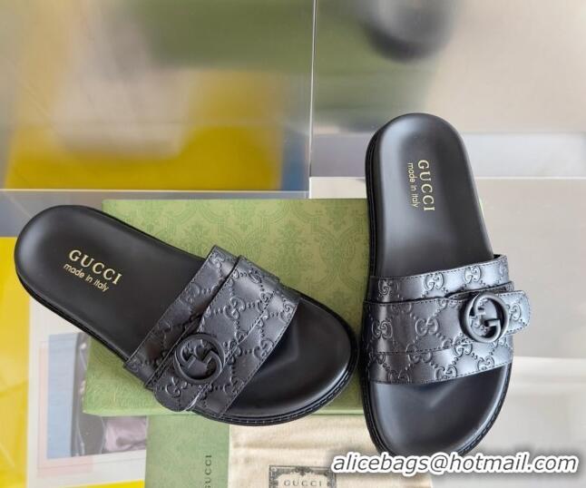 Luxurious Gucci Men's GG Leather Flat Slide Sandals with Buckle Black 427087