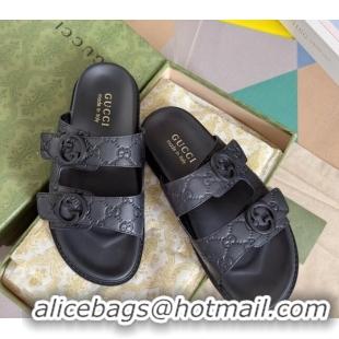 Perfect Gucci Men's GG Leather Flat Slide Sandals Black 427090