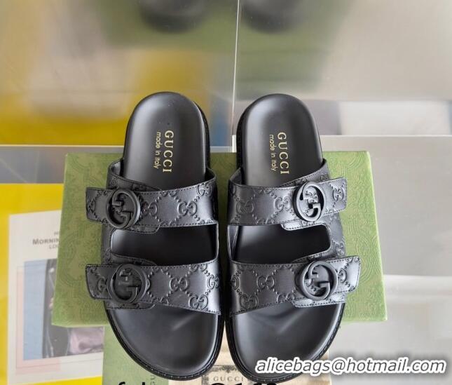 Perfect Gucci Men's GG Leather Flat Slide Sandals Black 427090